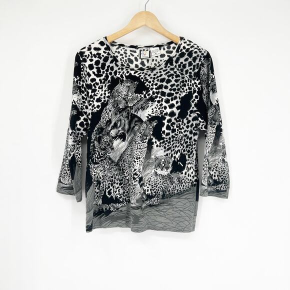Vintage 90s Y2k Take Two Black White Snow Leopard Print Top XL - Picture 1 of 6
